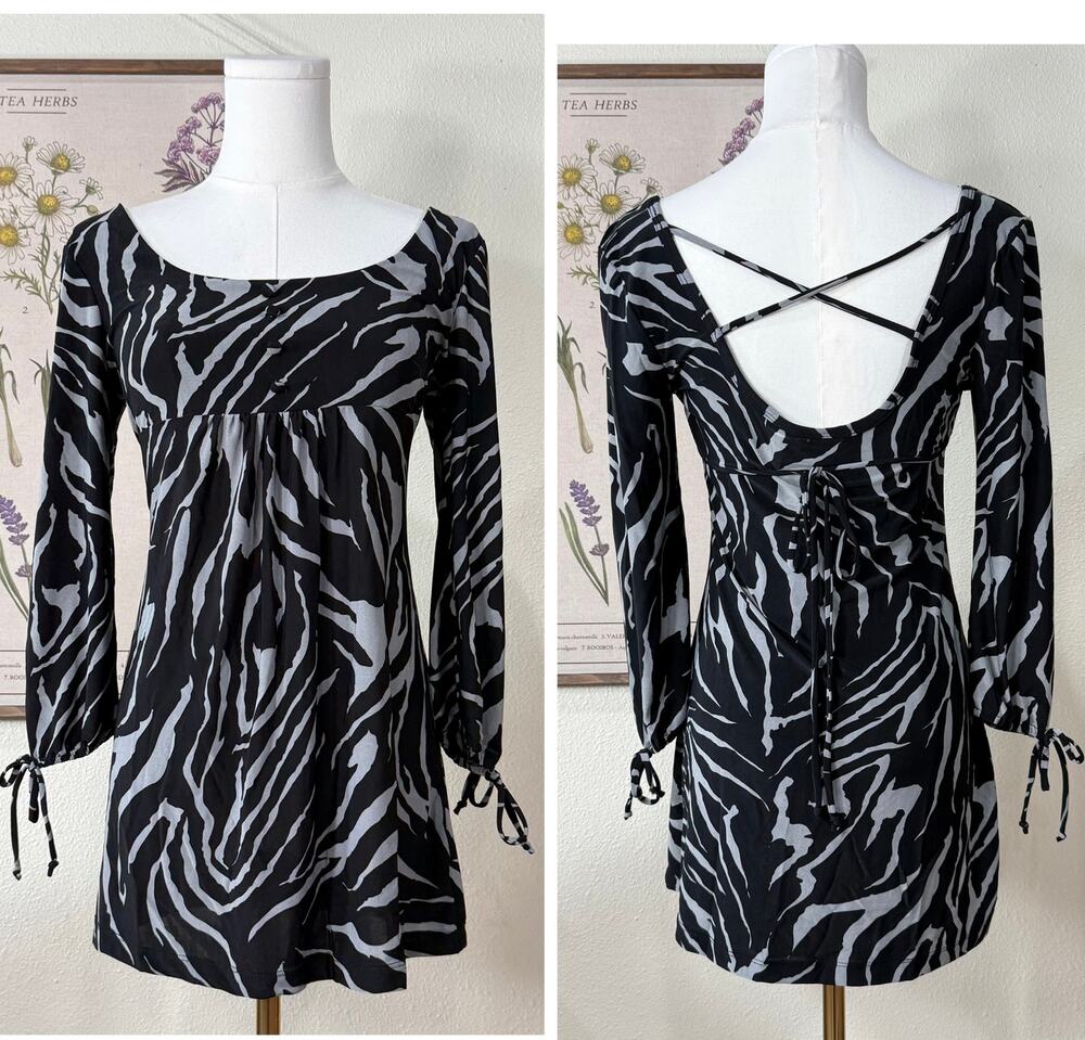 Y2k Zebra Open Back Babydoll Tie Back Tunic Top Mini Dress NWT Trashy McBling S